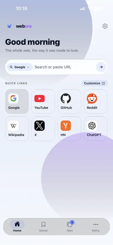 Webora home screen with speed-dial tiles